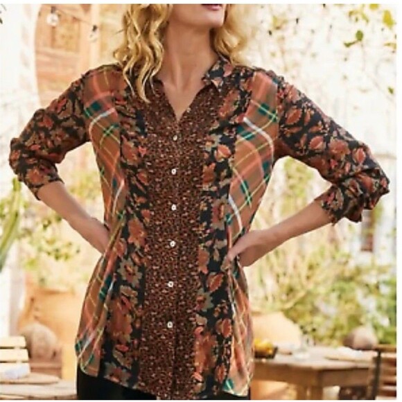 Soft Surroundings Icon Print Mix Tunic Shirt Black Thrush Size Large Flannel Top - Picture 1 of 10
